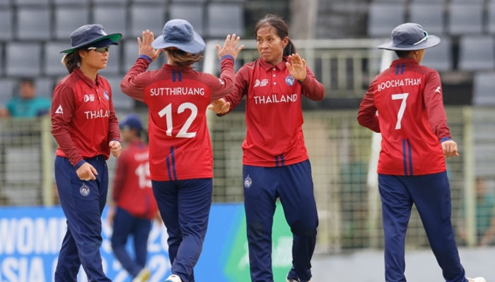 Thailand womens team celebrate at the Sylhet International Cricket Stadium. — PCB