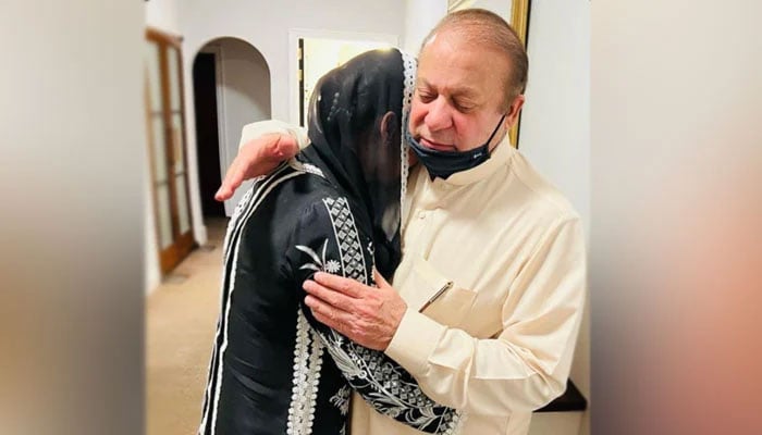 Maryam Nawaz meeting with her father after a gap of three years in London. Twitter/PMLN