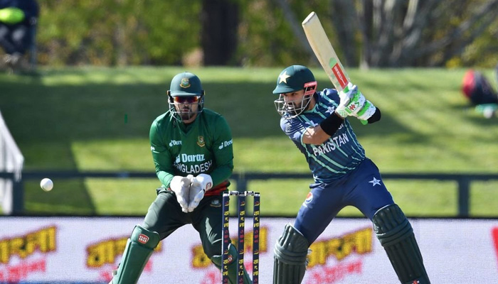 Mohammad Rizwan plays during the first T20I against Bangladesh today. -PCB