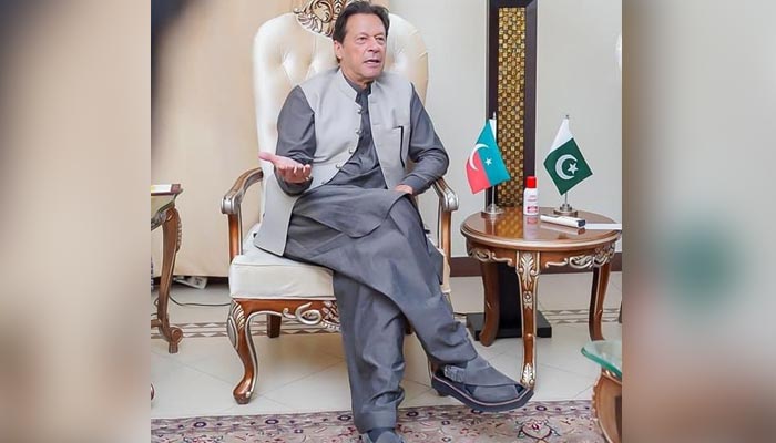 PTI Chairman Imran Khan speaking with reporters at the Khyber Pakhtunkhwa House on October 6, 2022. — Twitter