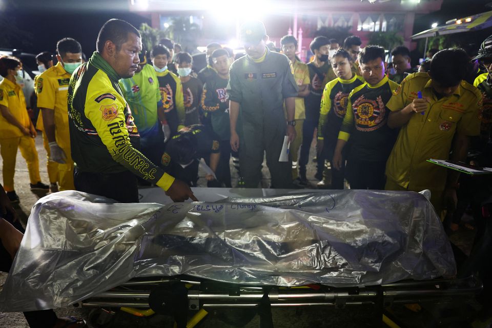 The body of a shooter Panya Khamrap is seen inside a body bag at Na Klang Hospital following a mass shooting, in the town of Uthai Sawan, around 500 km northeast of Bangkok in the province of Nong Bua Lam Phu, Thailand October 6, 2022.