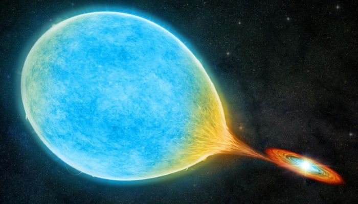 An artists illustration shows a white dwarf and larger, sun-like star forming a cataclysmic binary system, seen in this undated handout image.— Reuters