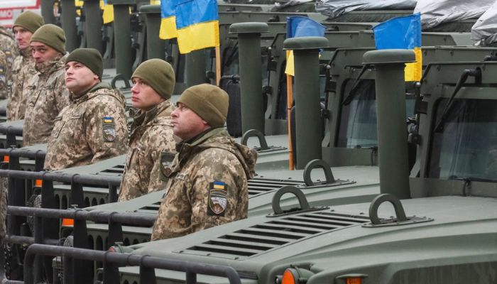 Ukrainian servicemen attend a rehearsal of an official ceremony to hand over tanks, armoured personnel carriers and military vehicles to the Ukrainian Armed Forces as the country celebrates Army Day in Kyiv, Ukraine December 6, 2021. — Reuters