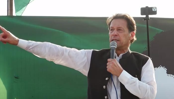 PTI Chairman Imran Khan addresses a jalsa in Mianwali, on October 7, 2022. — YouTube/HumNewsLive