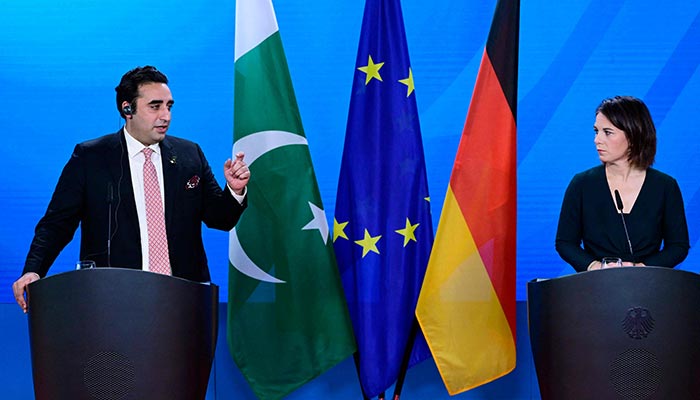 Pakistans Foreign Minister Bilawal Bhutto Zardari gestures as he speaks during a joint press conference with German Foreign Minister Annalena Baerbock (R) following a meeting in the Foreign Office in Berlin, Germany, on October 7, 2022. — AFP