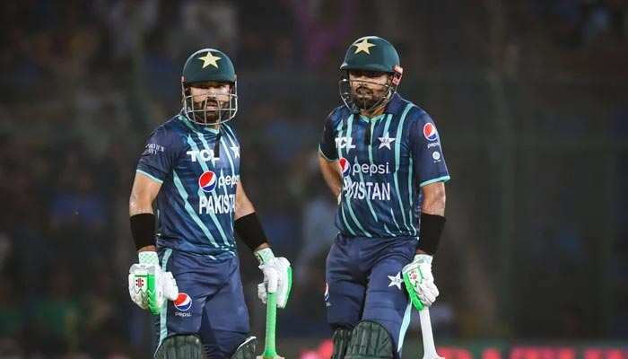 Pakistans opening duo of Babar Azam and Mohammad Rizwan during the second T20 international cricket match between Pakistan and England at the National Cricket Stadium in Karachi on September 22, 2022. — AFP