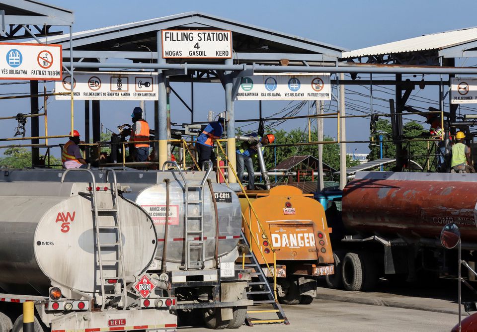 Tanker trucks are being filled with fuel at the Varreux fuel terminal for distribution after a group of Haitian gangs temporarily lifted a blockade leading to shortages, in Port-au-Prince, Haiti November 13, 2021. — Reuters