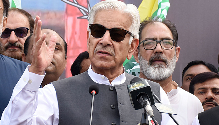 Federal Defence Minister Khawaja Asif addresses an event in Islamabad, on August 5, 2022. — Online
