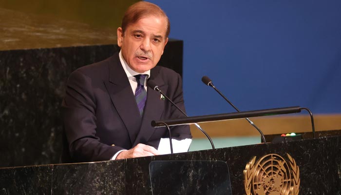 Pakistani Prime Minister Shehbaz Sharif speaks at the 77th session of the United Nations General Assembly (UNGA) at UN headquarters on September 23, 2022 in New York City. — AFP/File