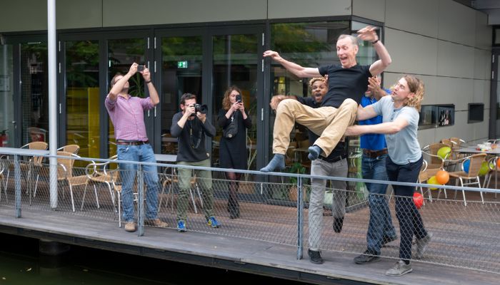 Swedish Scientist Svante Paabo, who won the Nobel Prize in Medicine for his discoveries around the genomes of extinct hominins and human evolution being thrown into a pond by his colleagues as an act of celebration.— Twitter