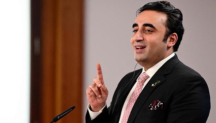 Foreign Minister Bilawal Bhutto-Zardari reacts as he speaks during a joint press conference after meeting the German Foreign Minister in the Foreign Office in Berlin, Germany, on October 7. — AFP/File