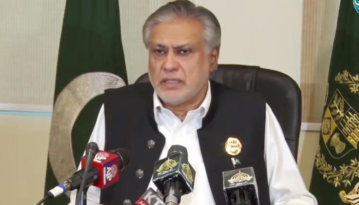Federal Minister for Finance and Revenue Ishaq Dar addresses a press conference in Islamabad on October 9, 2022. — YouTube Screengrab via PTV News
