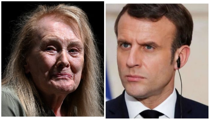 Image collage of French author Annie Ernaux (L) and French President Emmanuel Macron. — AFP/ File