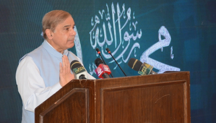 Prime Minister Shehbaz Sharif addresses a Seerat-un-Nabi conference in Lahore, on October 9, 2022. — APP
