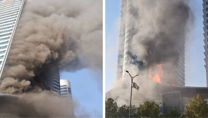 Image showing clouds of smoking emitting out of the shopping malls building. — Screengrab via YouTube/ Geo News Live