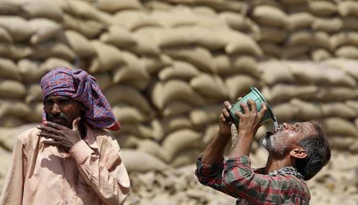 Representational image of alabourer drinks water as another looks on, on a hot summer day at a grain market. — Reuters/File
