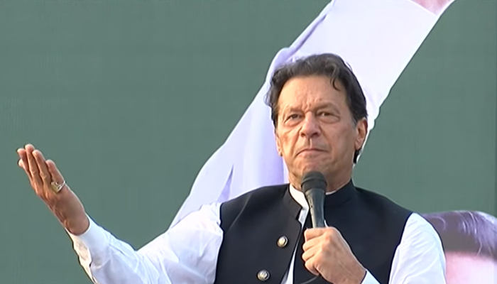PTI Chairman Imran Khan addresses an oath-taking ceremony in Rawalpindi, on October 10, 2022. — YouTube/HumNewsLive