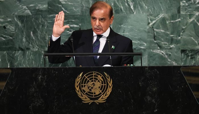 Prime Minister Shehbaz Sharif addresses the 77th session of the United Nations General Assembly at UN headquarters in New York City on September 23, 2022. — AFP/File