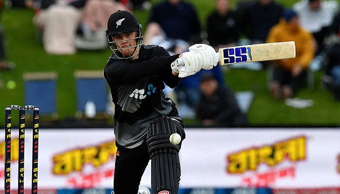 New Zealand´s Finn Allen plays a shot during the fourth cricket match between New Zealand and Pakistan of the Twenty20 tri-series at Hagley Oval in Christchurch on October 11, 2022.