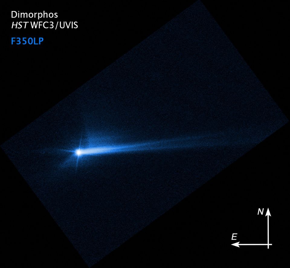 View of debris blasted from the surface of Dimorphos 285 hours after the asteroid was intentionally impacted by NASAs DART spacecraft on September 26, in this imagery from NASAs Hubble Space Telescope taken October 8, 2022.