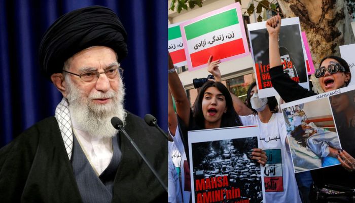 Iranian Supreme Leader Ayatollah Ali Khamenei (l), demonstrators shout slogans during a protest following the death of Mahsa Amini in Iran, near the Iranian consulate in Istanbul, Turkey (r).— Reuters
