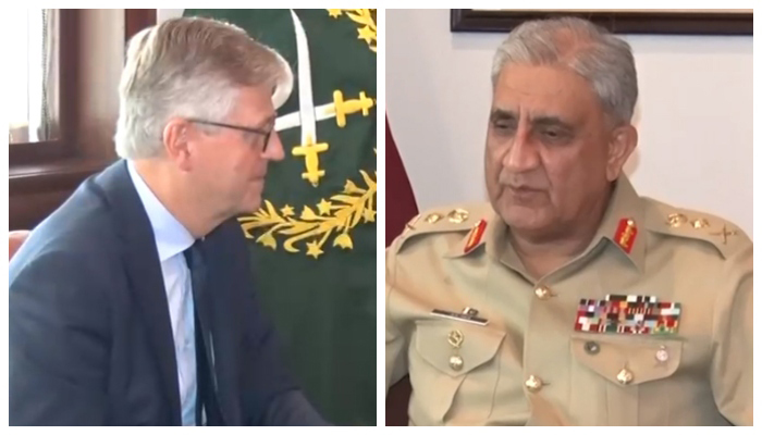 UN Under-Secretary-General Department of Peacekeeping Operations Jean Pierre Lacroix (left) speaks during a meeting withChief of Army Staff General Qamar Javed Bajwa at theGeneral Headquarters in Rawalpindi, on October 12, 2022. — ISPR