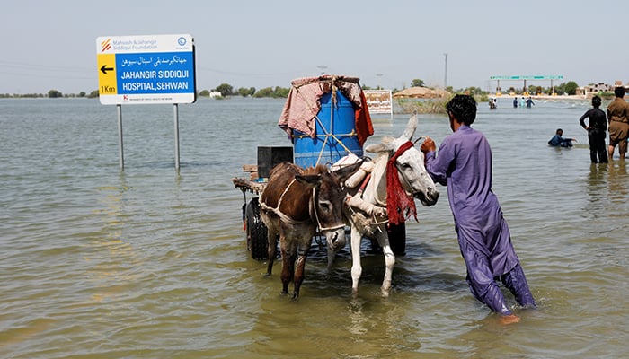 سیہون، پاکستان، 16 ستمبر 2022 میں مون سون کے موسم کے دوران بارشوں اور سیلاب کے بعد سیلاب زدہ اپنی گدھا گاڑی کو سیلابی شاہراہ پر دھکیل رہا ہے۔ — رائٹرز