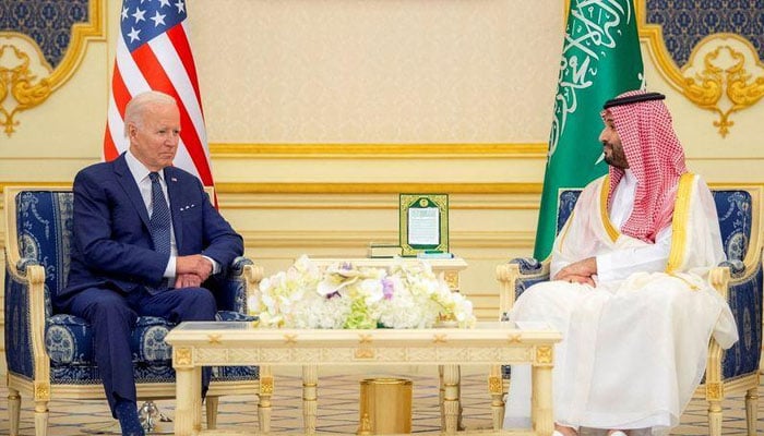 Saudi Crown Prince Mohammed bin Salman and US President Joe Biden meet at Al Salman Palace upon his arrival in Jeddah, Saudi Arabia, July 15, 2022. —Bandar Algaloud/Courtesy of Saudi Royal Court/Handout via REUTERS