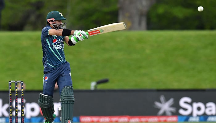 Pakistans Mohammad Rizwan plays a shot during the Twenty20 tri-series cricket match between Pakistan and Bangladesh at Hagley Oval in Christchurch on October 13, 2022. —AFP