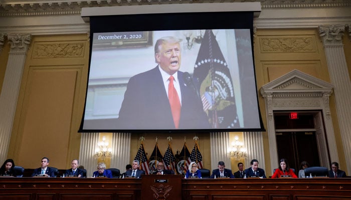 The US House Select Committee to Investigate the January 6 Attack on the US Capitol displays a video of former President Donald Trump at the White House on December 2, 2020 during the committees public hearing on Capitol Hill in Washington, US, October 13, 2022. — Reuters