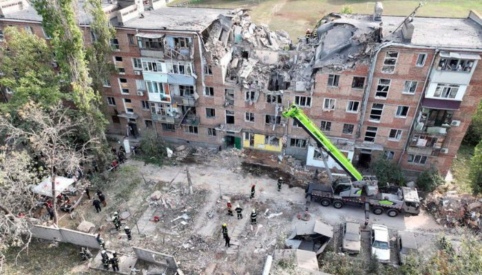 An aerial view shows a residential building heavily damaged during a Russian military attack in Mykolaiv, Ukraine October 13, 2022.— Reuters