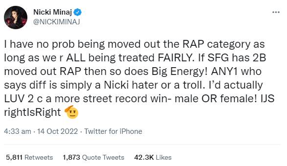 Nicki Minaj reflects on Grammy Awards category change: ‘need to treat fairly’