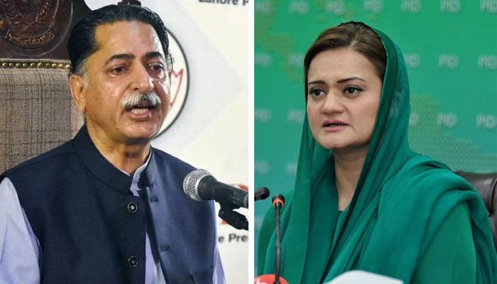 Federal Information Minister Marriyum Aurangzeb (left) and PML-N central leader Javed Latif. — PID/File