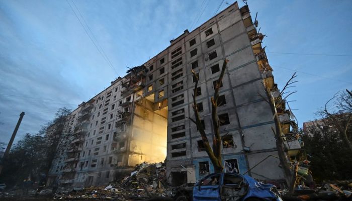 A view shows a residential building heavily damaged by a Russian missile strike, amid Russias attack on Ukraine, in Zaporizhzhia, Ukraine October 9, 2022.— Reuters