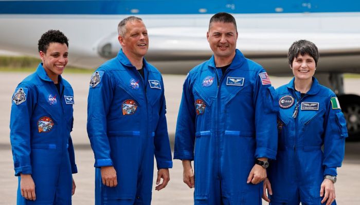 NASA astronauts Kjell Lindgren, Robert Hines, and Jessica Watkins, and European Space Agency astronaut Samantha Cristoforetti of Italy pose for a picture ahead of their scheduled launch on the Crew Dragon spacecraft to begin a six-month expedition on the International Space Station, at Cape Canaveral, Florida, U.S. April 18, 2022.— Reuters