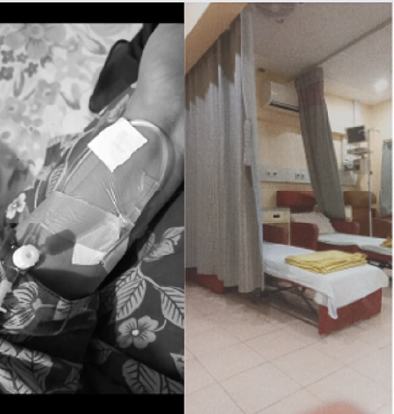 Karena infeksi port-a-cath (kemo port) harus dilepas dan dia menjalani pengobatan IV di rumah tanggal 25 Agustus 2022 (kiri), tempat penitipan anak kemoterapi Tariqs tanggal 14 September 2022. — Fatima Tariq
