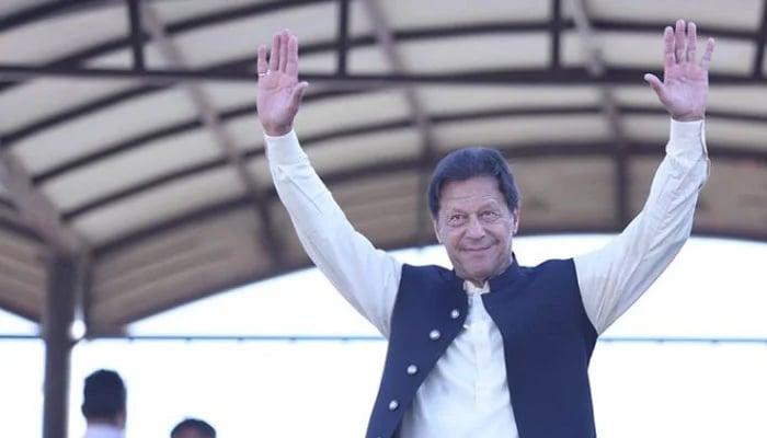 Former prime minister and PTI Chairman Imran Khan waves to his supporters during a public gathering in this undated photo. — Instagram/@imrankhan.pti