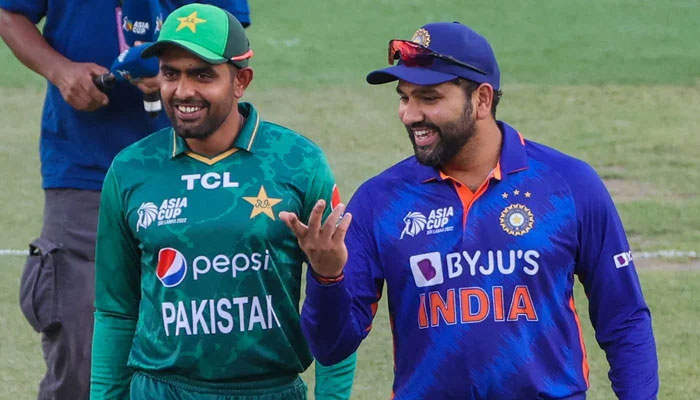 Pakistan skipper Babar Azam (Left) and Indian team captain Rohit Sharma are seen in good mood. PCB