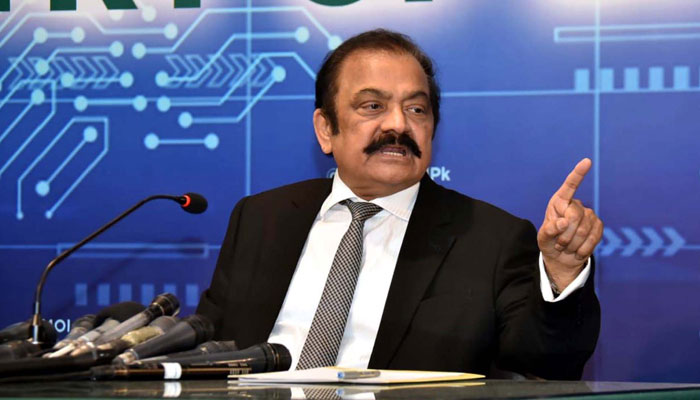 Interior Minister Rana Sanaullah addressing a press conference at his ministry. — PPI/File