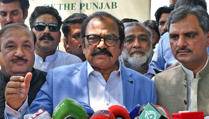 Interior Minister Rana Sanaullah addresses a press conference in this undated photo. — Online/File