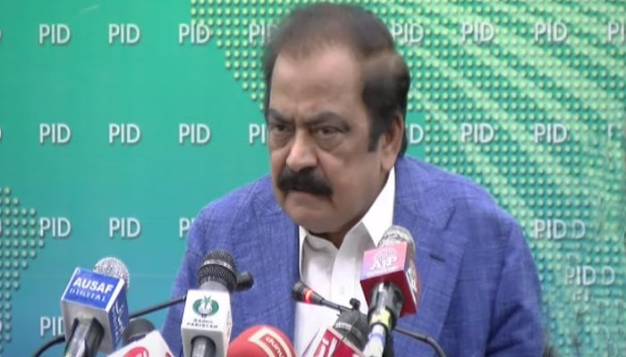 Interior Minister Rana Sanaullahn speaking during a press conference in Islamabad. — YouTube screengrab/Hum News Live