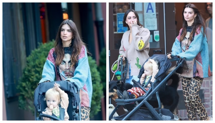 Emily Ratajkowski tampil chic kasual dengan sweter biru dan merah anggur selama tamasya baru-baru ini
