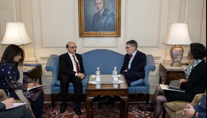 Pakistans envoy Masood Khan meeting US senior policy advisor Derek Chollet at the State Department building in Washington on October 17, 2022. Twitter/CounselorDOS