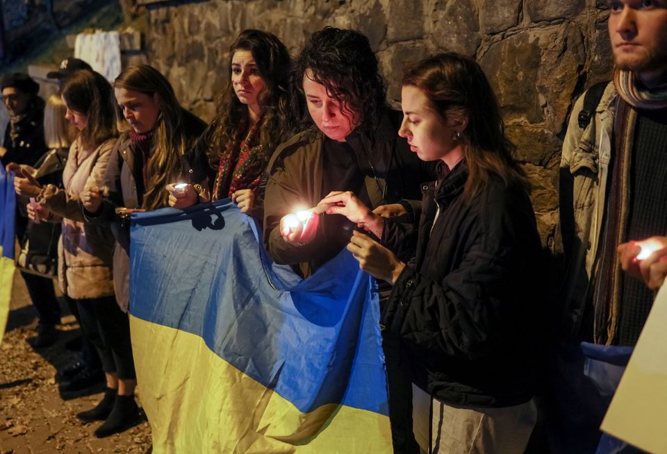 Activists protest against Iran allegedly supplying drones to Russia in front of the Iranian embassy after a Russian drone strike in the morning, which local authorities consider to be Iranian-made unmanned aerial vehicles (UAVs) Shahed-136, amid Russias attack on Ukraine, in Kyiv, Ukraine October 17, 2022.