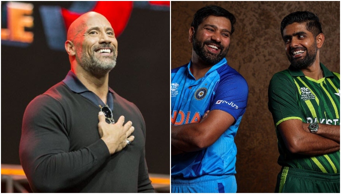 Dwayne Johnson aka The Rock (L), India captain Rohit Sharma, and Pakistan captain Babar Azam. —AFP/Twitter/T20WorldCup/File