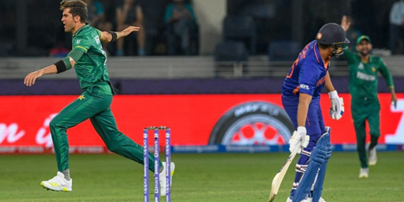 Shaheen Afridi removes Rohit Sharma for a first-ball duck during the T20 World Cup 2022. — Reuters