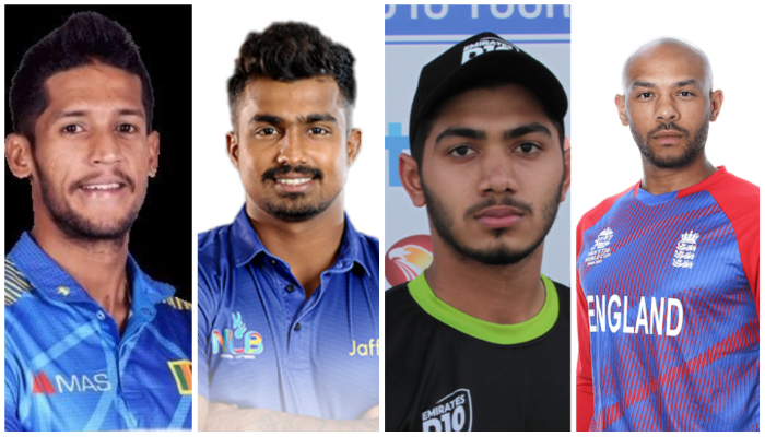 (L to R) Sri Lankas Kasun Rajitha and Ashen Bandara, UAEs Fahad Nawaz, and Englands  Tymal Mills. — Twitter