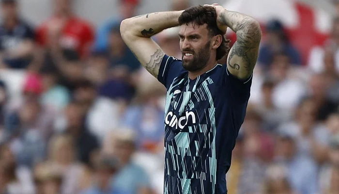 Cricket - England v South Africa - ODI series - Headingley, Leeds, Britain - July 24, 2022 Englands Reece Topley reacts Action Images via Reuters.