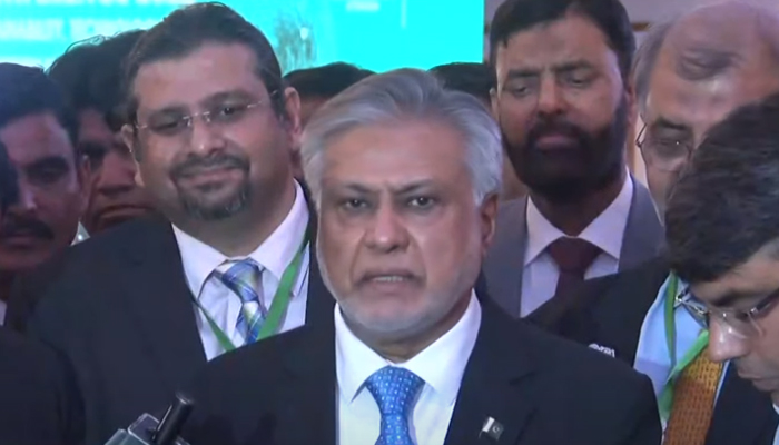 Finance Minister Ishaq Dar speaks to journalists in Islamabad, on October 19, 2022. — YouTube/GeoNews