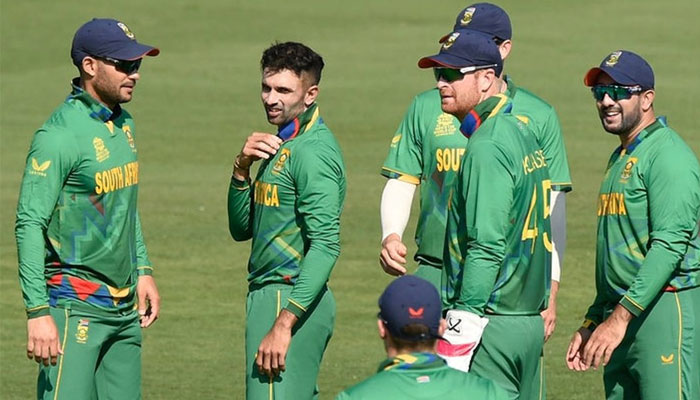 South African players celebrate after getting a wicket in their warm up match against New Zealand. — Twitter/Cricket South Africa